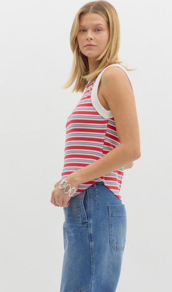 Earnest Ave Stripe Tank - Red