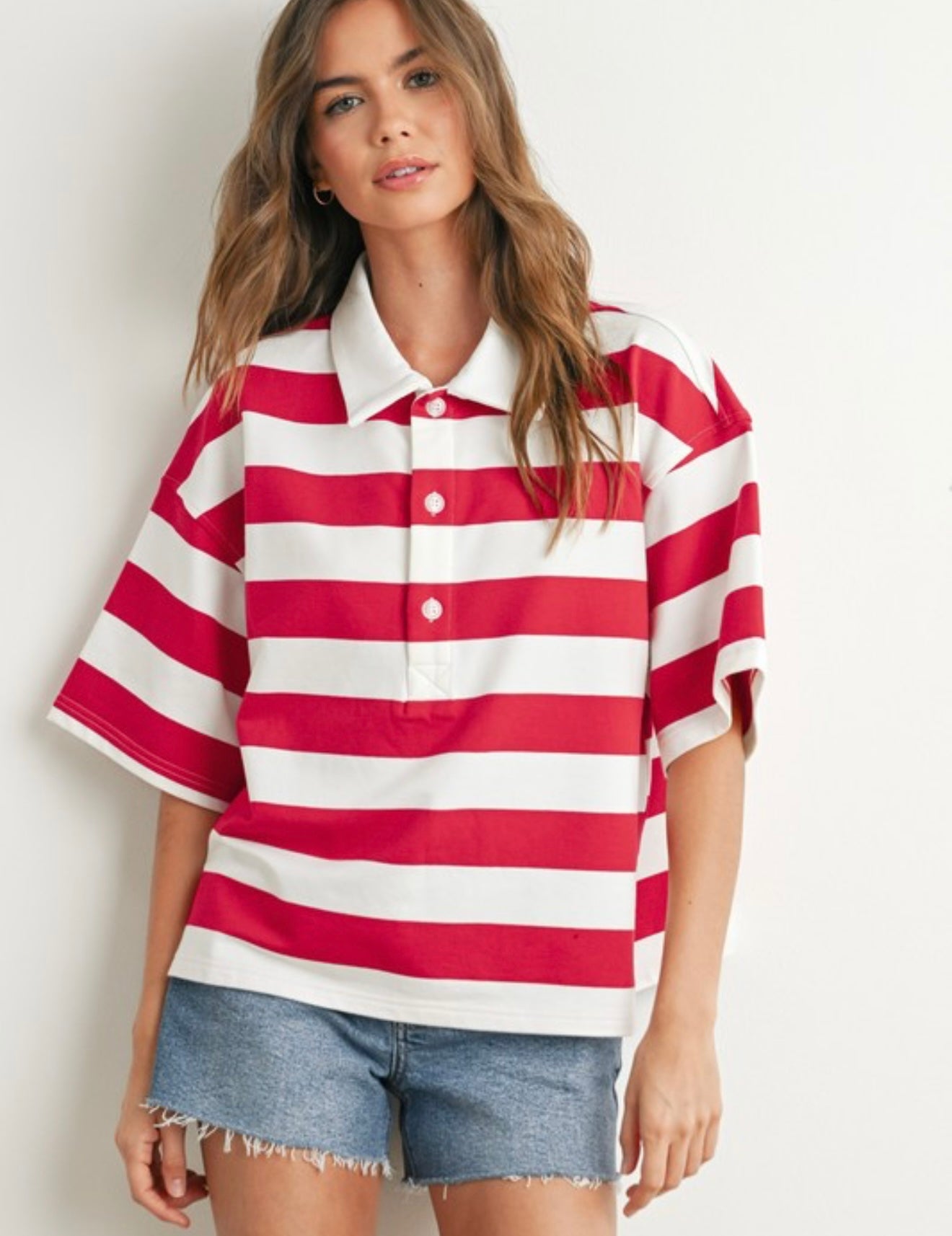 Camila Stripe Oversized Polo Top - Red