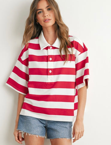 Camila Stripe Oversized Polo Top - Red