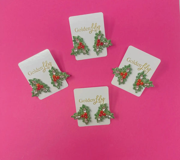 Golden Lily - Christmas Holly Sparkle Stud Earrings