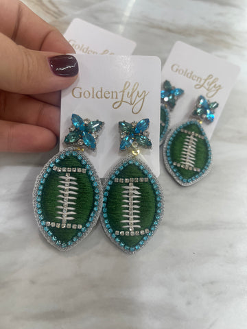 Dangle Football Earrings - Green & Blue