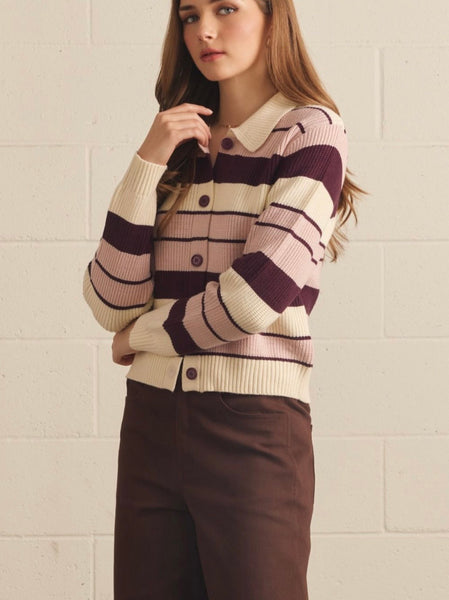 Chandler Stripe Sweater Cardi - Plum
