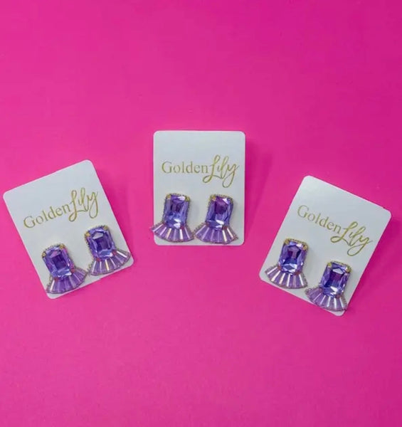 Golden Lily - Statement Gem Stud Earrings - Lavender