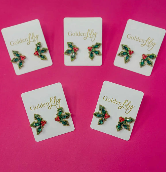 [Defect Style] Golden Lily - Christmas Holly Stud Earrings