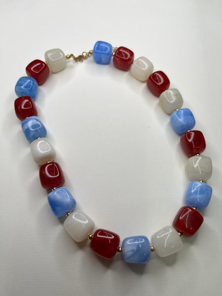 Sylvie Square Beaded Necklace- Red Blue Mix