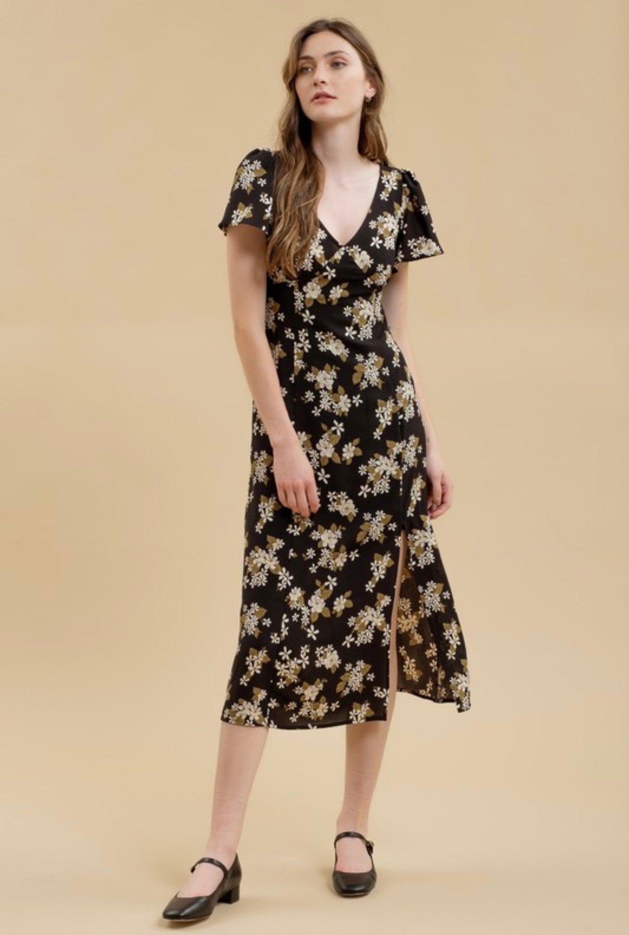 Angelique Floral Midi Dress - Black