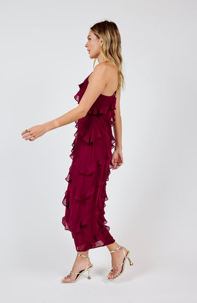 Sadie & Sage - All Invited Ruffle Midi Dress - Wine