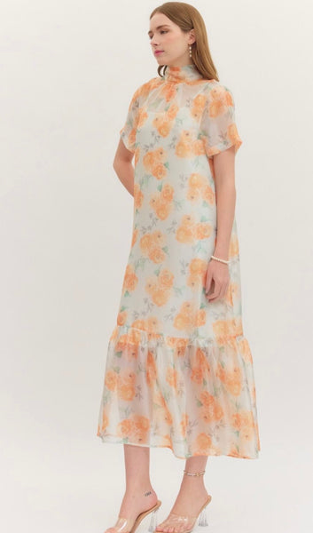 Alana Sheer Floral Midi Dress - Gold