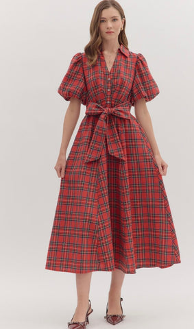 Maeve Plaid Midi Dress - Red