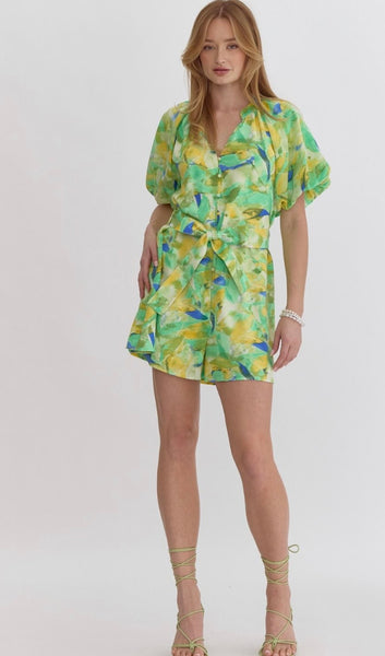 Harper Puff Sleeve Romper - Green Multi