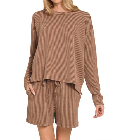 Leilani Ribbed L/S Top & Shorts Set - Brown