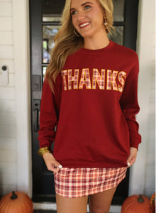 THANKS Plaid Patch Pullover