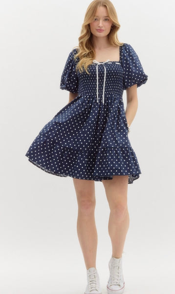 Fairway St Polka Dot Mini Dress - Navy