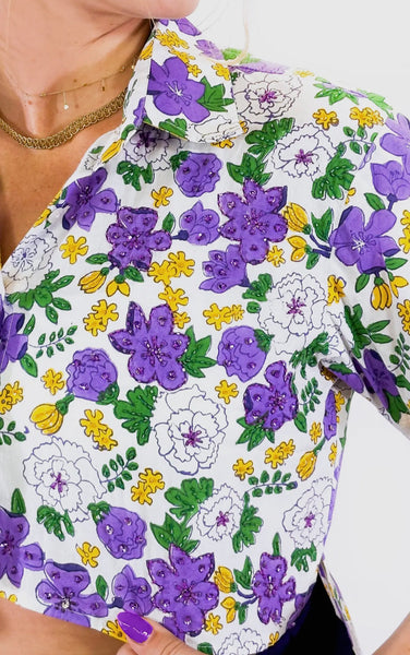 Mardi Gras Floral Print Button Up Crop Top