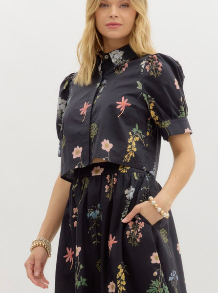 Emily Floral Midi Skirt & Top Set - Black