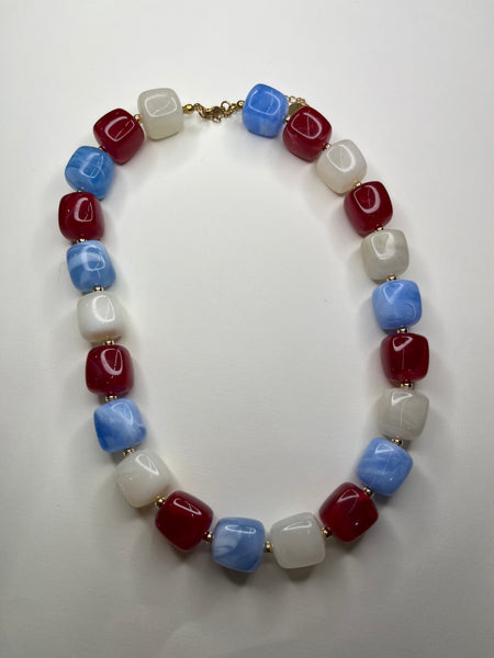 Sylvie Square Beaded Necklace- Red Blue Mix