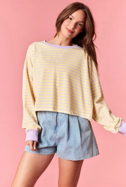 Striped French Terry Cropped Top - Light Yellow & Lavender