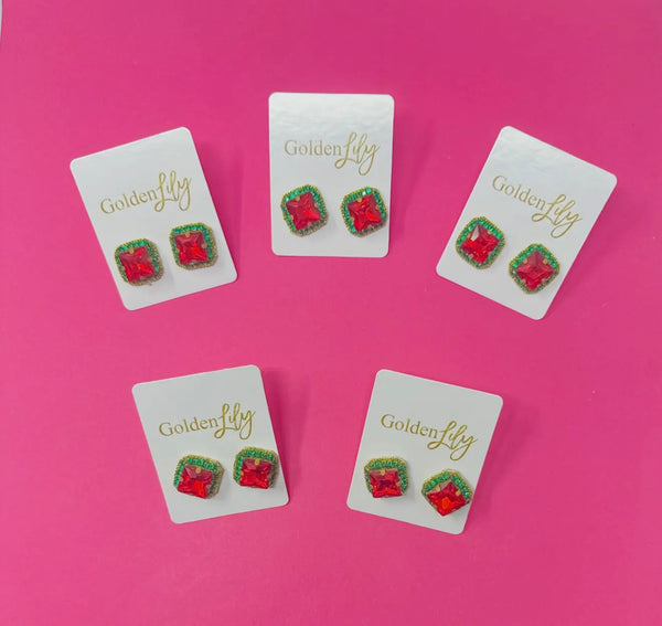 Golden Lily - Christmas Rhinestone Stud Earrings