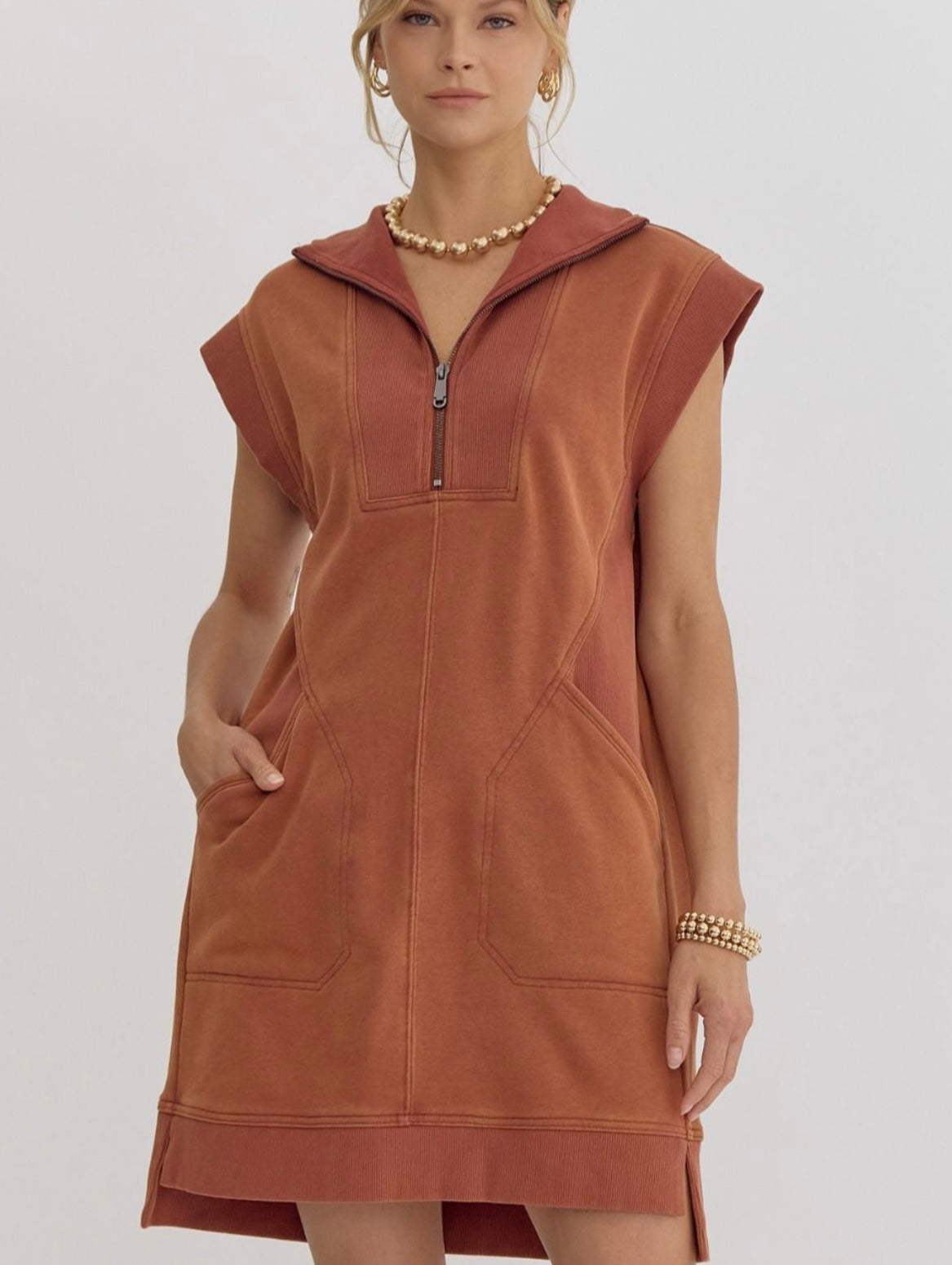 Jade Ribbed Dress - Brick