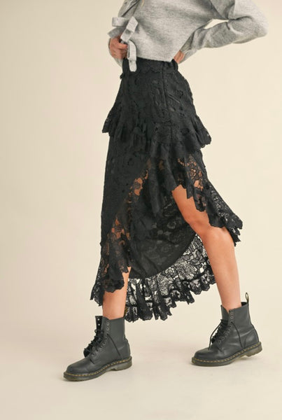 Mable - Floral Crochet Lace Maxi Skirt - Black