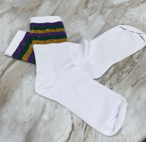 Purple, Green & Gold Rhinestone Crew Socks