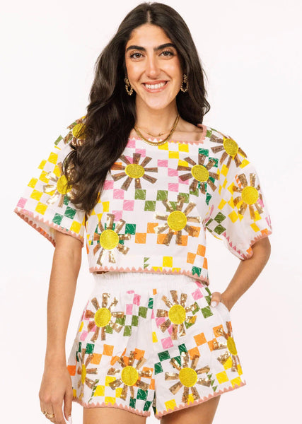 Queen of Sparkles - White Multi Checkered Sun Shorts