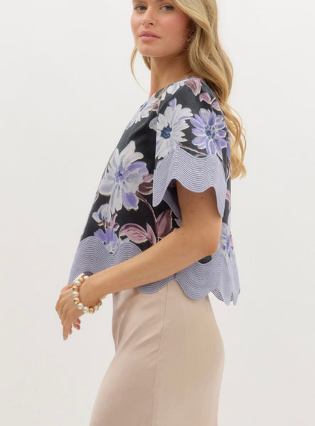 Victoria Scallop Hem Top - Black