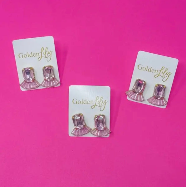 Golden Lily - Statement Gem Stud Earrings - Pink