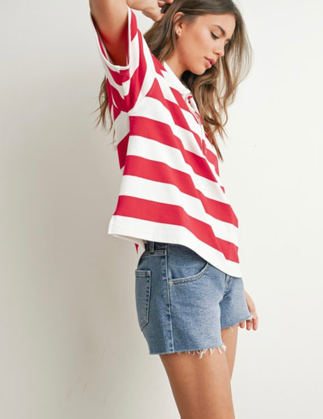 Camila Stripe Oversized Polo Top - Red