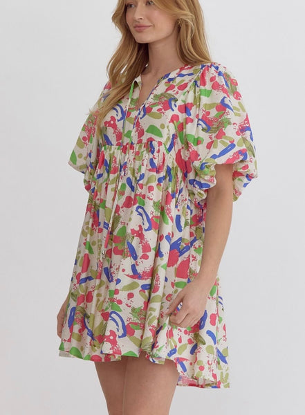 Sophia Puff Sleeve Printed Dress - Pink Royal