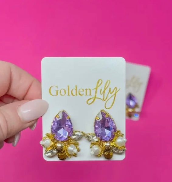 Golden Lily - Oval Rhinestone & Pearl Earrings - Purple