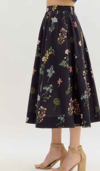 Emily Floral Midi Skirt & Top Set - Black