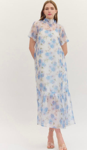 Alana Sheer Floral Midi Dress - Blue