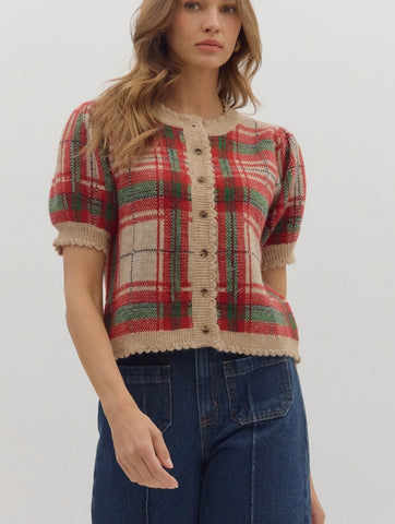 Clara Plaid Sweater Top - Taupe