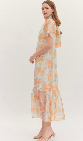 Alana Sheer Floral Midi Dress - Gold