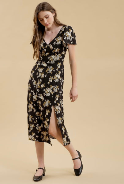 Angelique Floral Midi Dress - Black