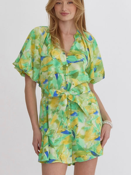 Harper Puff Sleeve Romper - Green Multi