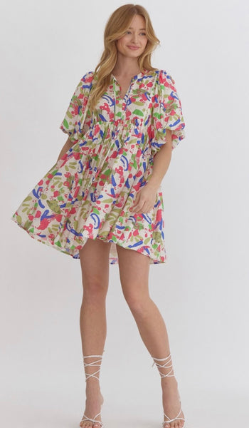 Sophia Puff Sleeve Printed Dress - Pink Royal