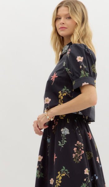 Emily Floral Midi Skirt & Top Set - Black
