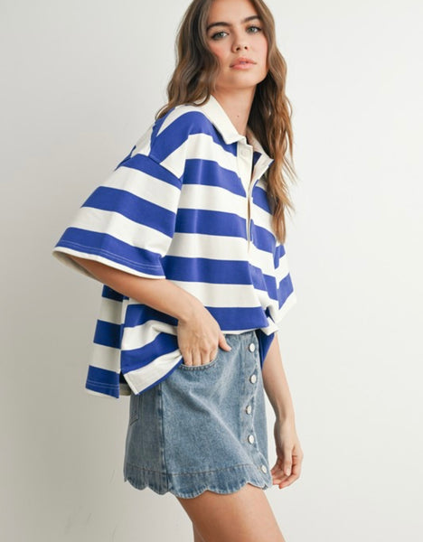 Camila Stripe Oversized Polo Top - Blue