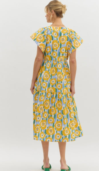 Forstall Ave Bright Floral Midi Dress - Yellow