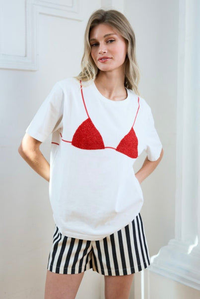 Caviar Print Bikini Graphic Tee - Red