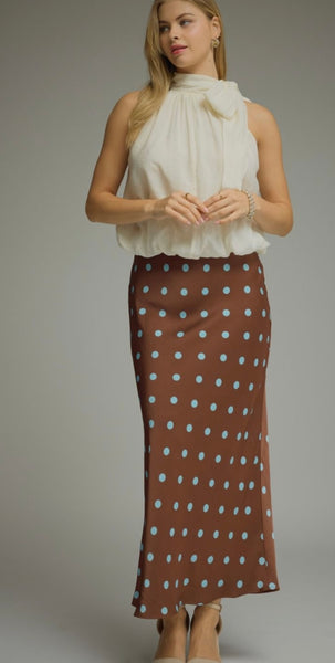 Elle Polka Dot Satin Skirt - Brown