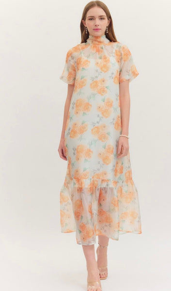 Alana Sheer Floral Midi Dress - Gold