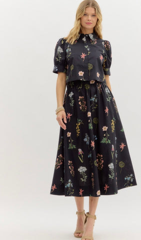 Emily Floral Midi Skirt & Top Set - Black