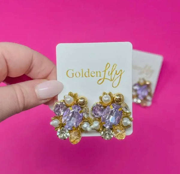 Golden Lily - Rhinestone & Pearl Burst Earrings - Lavender