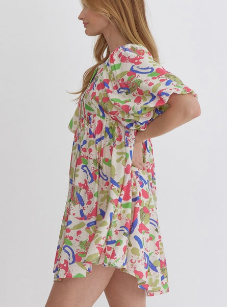 Sophia Puff Sleeve Printed Dress - Pink Royal