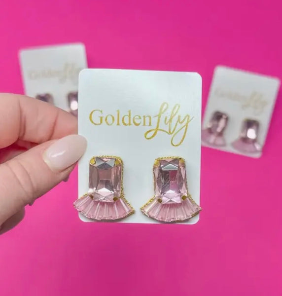 Golden Lily - Statement Gem Stud Earrings - Pink