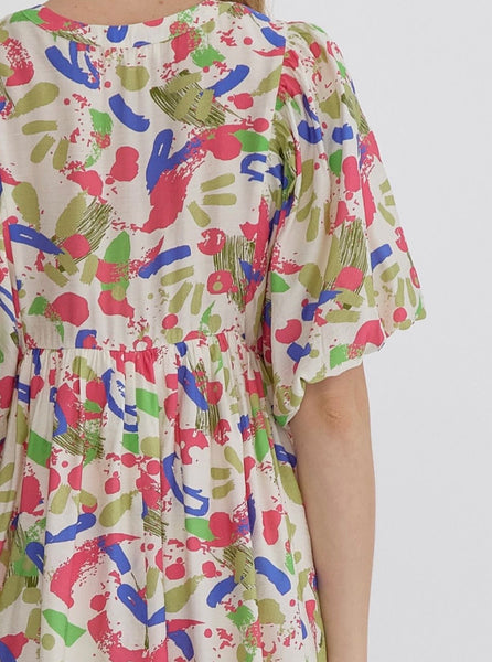 Sophia Puff Sleeve Printed Dress - Pink Royal