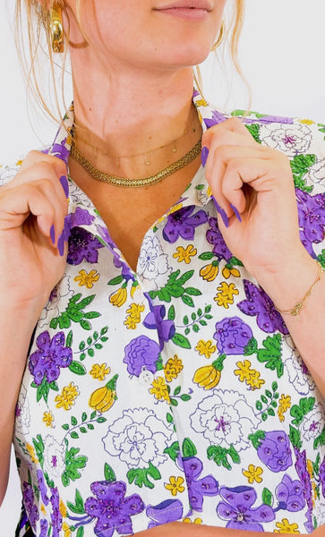 Mardi Gras Floral Print Button Up Crop Top